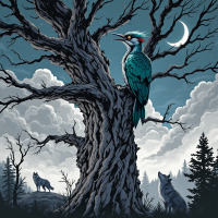 A vibrant woodpecker perches on a gnarled tree under a moonlit sky, while a lonely wolf gazes upwards amidst a shadowy forest, embodying themes of longing and solitude.