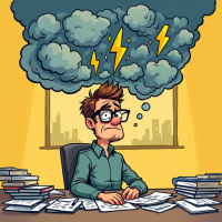 A worried man sits at a cluttered desk, surrounded by stacks of papers, with a dark cloud overhead, symbolizing the complications that arise from confronting the truth.