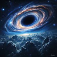 A swirling galaxy with a central black hole radiates vibrant colors against a backdrop of distant stars, evoking the vastness and wonder of the universe.