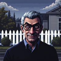 A sinister-looking man with gray hair and glasses stands in front of a white picket fence, embodying the quote: Evil doesn't always wear a mask; sometimes it wears a familiar face.