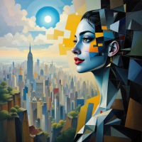 A stylized profile of a woman with vibrant geometric patterns, overlooking a city skyline under a bright sun, embodying the challenge of confronting reality to escape it.