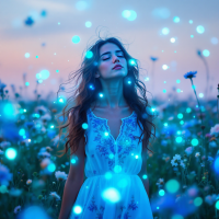 A woman in a delicate blue dress stands in a vibrant flower field, eyes closed, surrounded by ethereal blue orbs, embodying the idea that sometimes forgetting is a form of freedom.