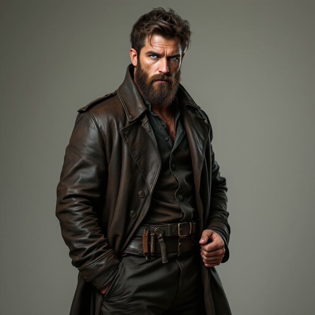 A rugged man in a dark leather coat stands confidently, embodying resilience and strength, reflecting the sentiment that good people can endure tough times.