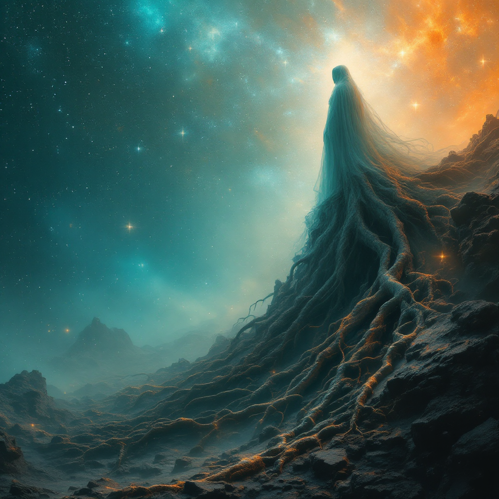 A mystical figure stands atop a cosmic landscape, with ethereal roots extending into a starry abyss, embodying the quest to confront human perception and our heritage's shadows.