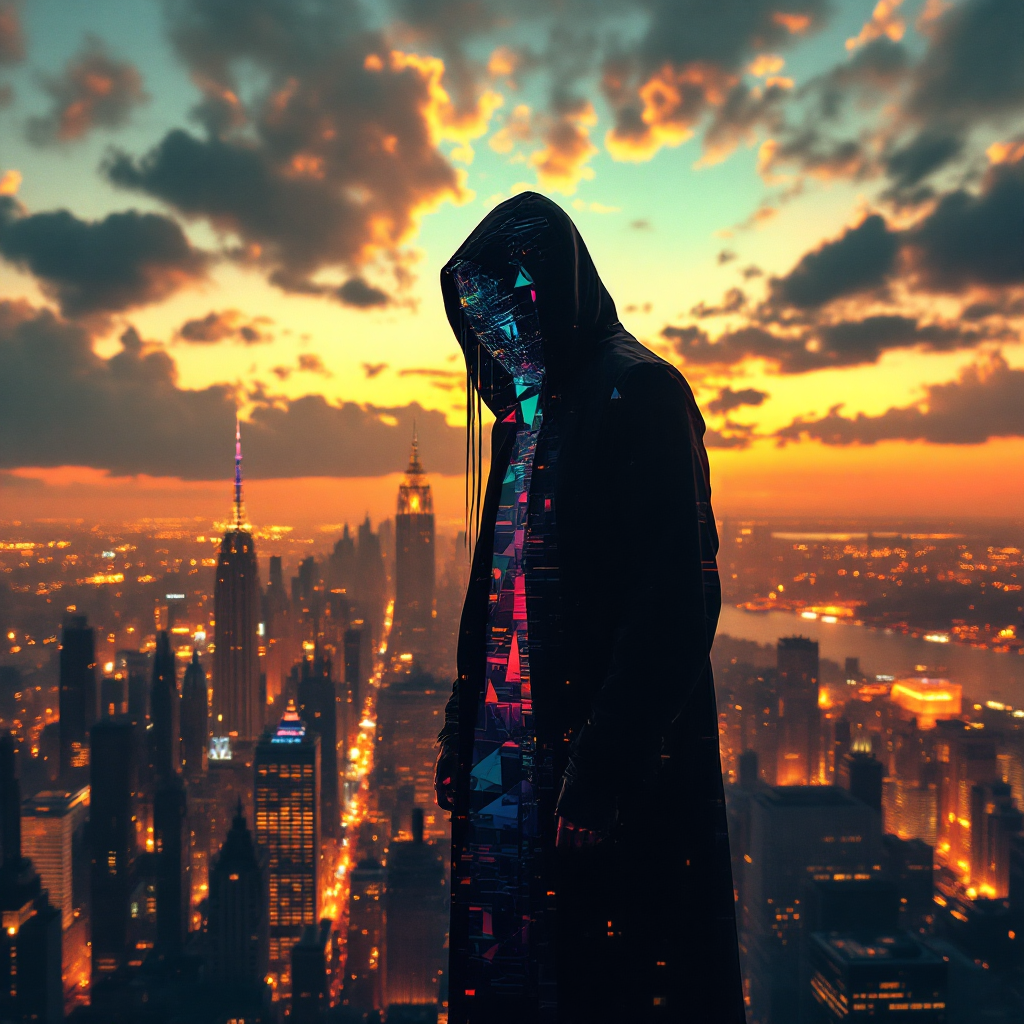 A cloaked figure stands against a vibrant sunset over a sprawling city, embodying the quote about the inevitability of truth and self-identity amidst the urban backdrop.