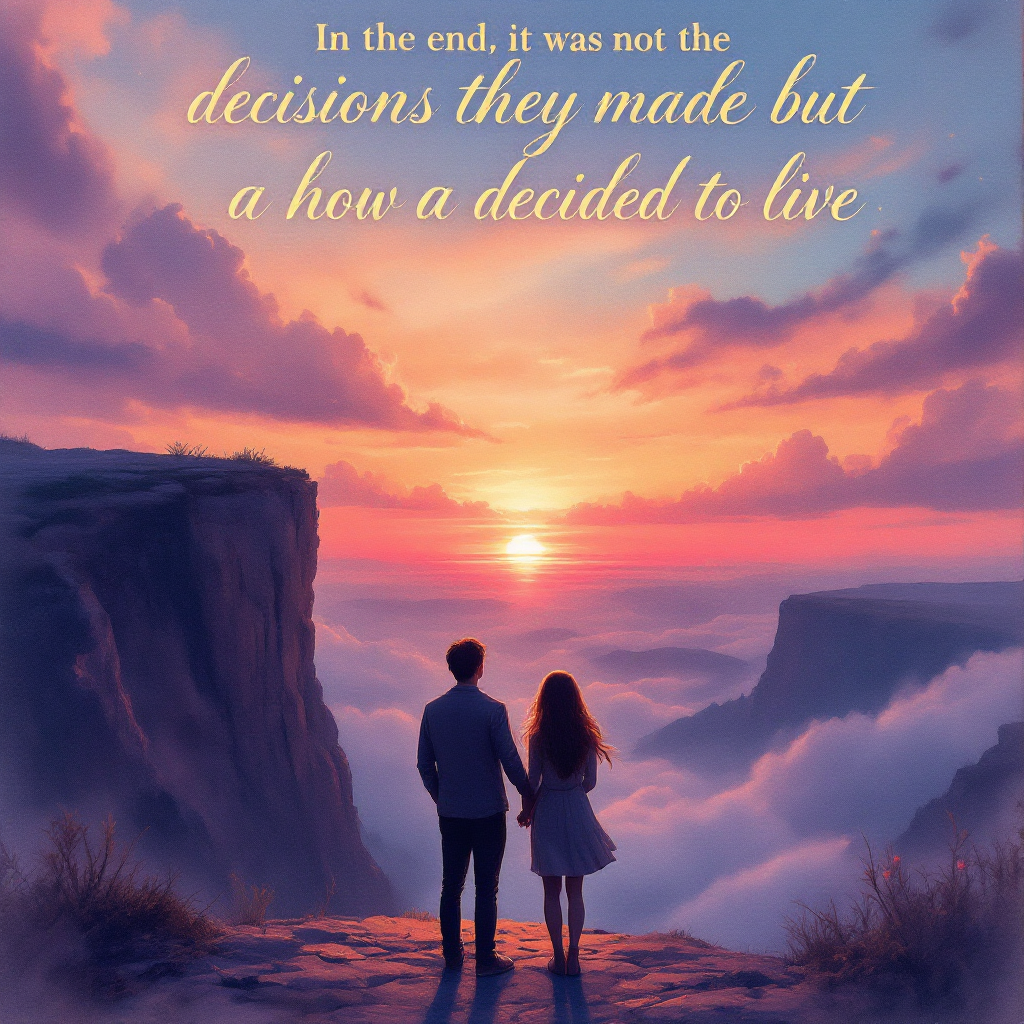 A couple stands hand in hand at the edge of a cliff, overlooking a vibrant sunset illuminating the sky, with the quote about living choices artistically integrated above them.