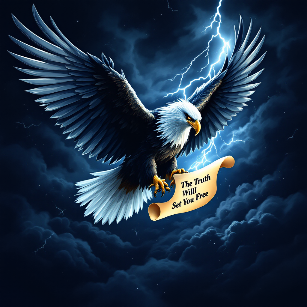 A powerful eagle soars through a stormy sky, clutching a scroll that reads, The truth will set you free, symbolizing the complex journey of truth and liberation.