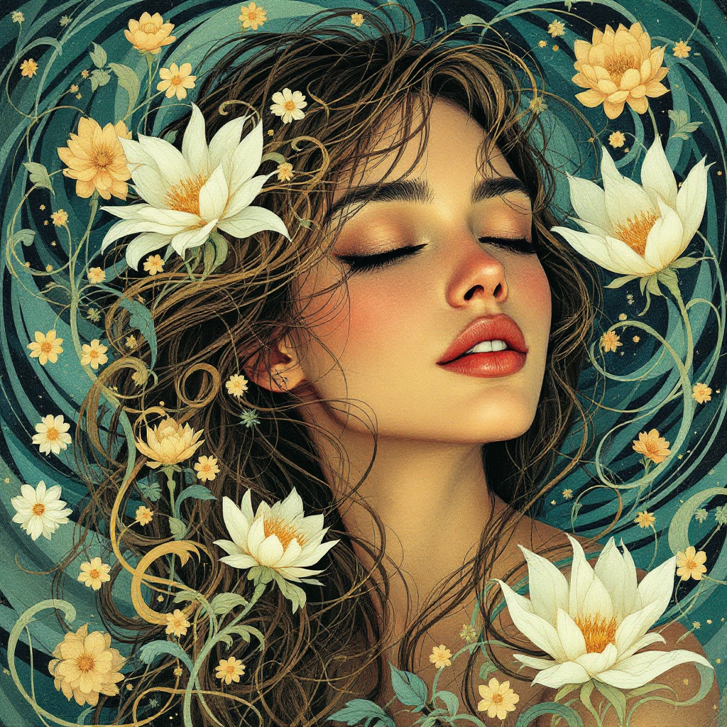 A serene woman surrounded by white flowers and flowing greenery, her eyes closed, exuding a sense of calm and harmony, reflecting the rhythm of life and stories intertwined.