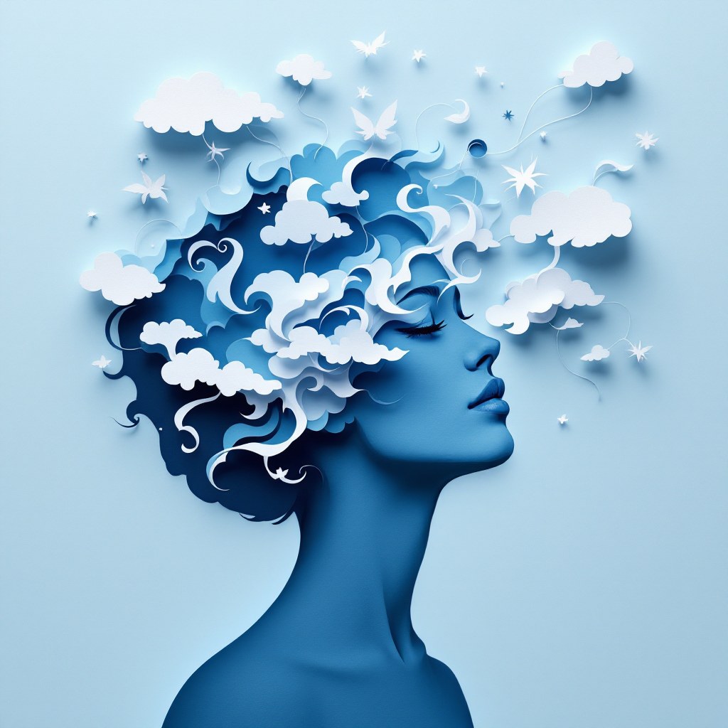 A silhouette of a woman in profile, her head filled with swirling blue clouds and vibrant butterflies, symbolizing freedom of thought and the essence of philosophical inquiry.