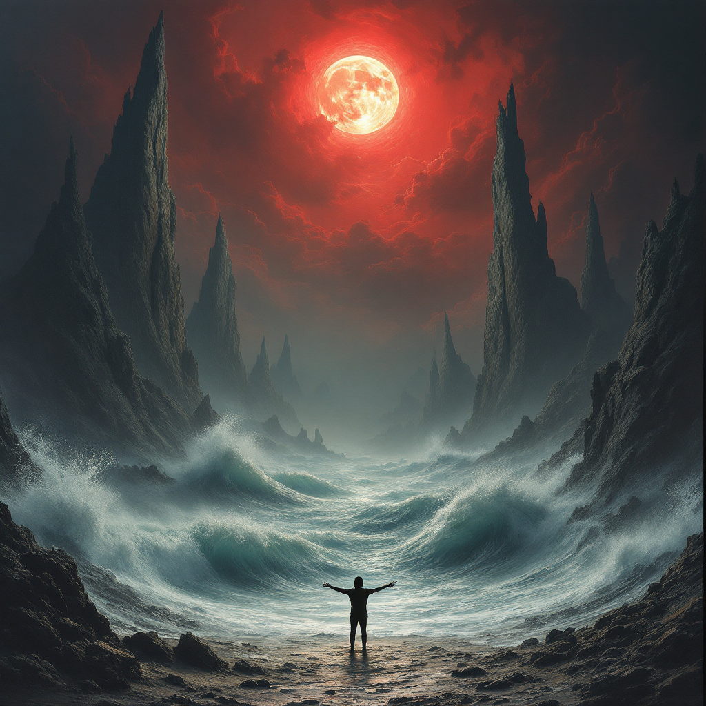 A figure stands with arms outstretched before turbulent waves and towering dark cliffs, bathed in the eerie red light of a large, glowing moon, embodying the chaos of existence.