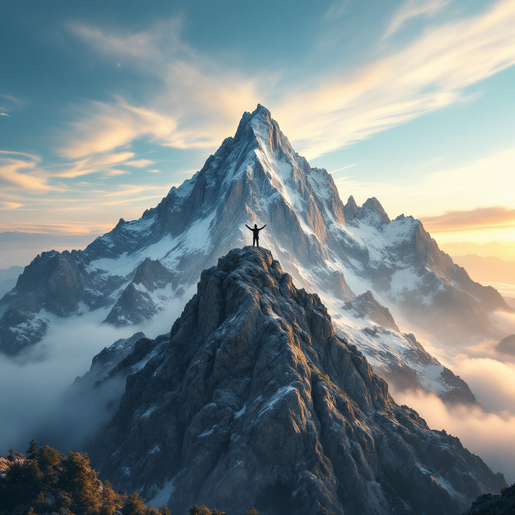 A person stands triumphantly atop a majestic mountain peak, surrounded by dramatic clouds and a breathtaking sky, symbolizing achievement and the journey to the top.