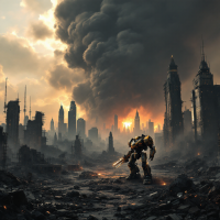 A lone mech stands amidst the ruins of a city engulfed in smoke and fire, embodying the intensity of The Great War as the sun sets behind a devastated skyline.