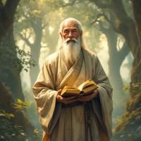 An elderly figure in flowing robes stands in a serene forest, holding a book, embodying wisdom and reflection, aligned with the quote about strength and understanding.