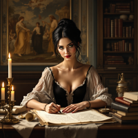 A woman with dark hair wears a vintage dress, writing intently at a candlelit desk surrounded by books, evoking the magic of storytelling and creativity.