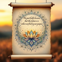 An illustrated scroll featuring a colorful lotus flower at its center, surrounded by intricate designs, with the quote: The past holds lessons, but the future is where we find our purpose.