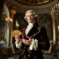 A refined man in an opulent room holds a folding fan, dressed in an elegant, richly adorned burgundy coat, embodying clarity of thought and speech, echoing the essence of decisive action.