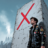 A young man in a leather jacket stands before a stark, gray wall marked with a bold red X, gazing upward as a faint figure hovers above, embodying perseverance despite potential failure.