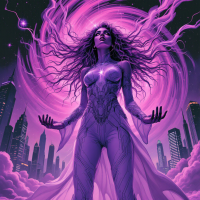 A powerful figure in a flowing, purple outfit stands against a vibrant, swirling backdrop. Her outstretched hands and confident posture embody strength and the essence of femininity.