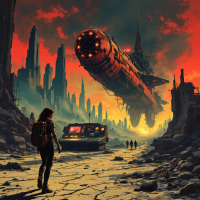 A lone figure stands amidst a desolate landscape, gazing up at a massive spacecraft hovering above crumbling structures, embodying the quote about survival and the uncertainty of the future.