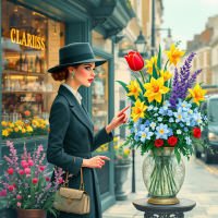 A stylish woman in a black hat admires a vibrant bouquet of flowers outside a charming shop, embodying Mrs. Dalloway's spirit of buying flowers herself.