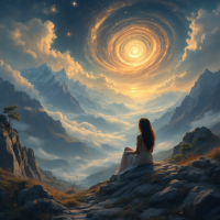 A serene figure sits on a rocky outcrop, gazing at a swirling cosmic spiral above majestic mountains, embodying the vastness of time and its many dimensions.