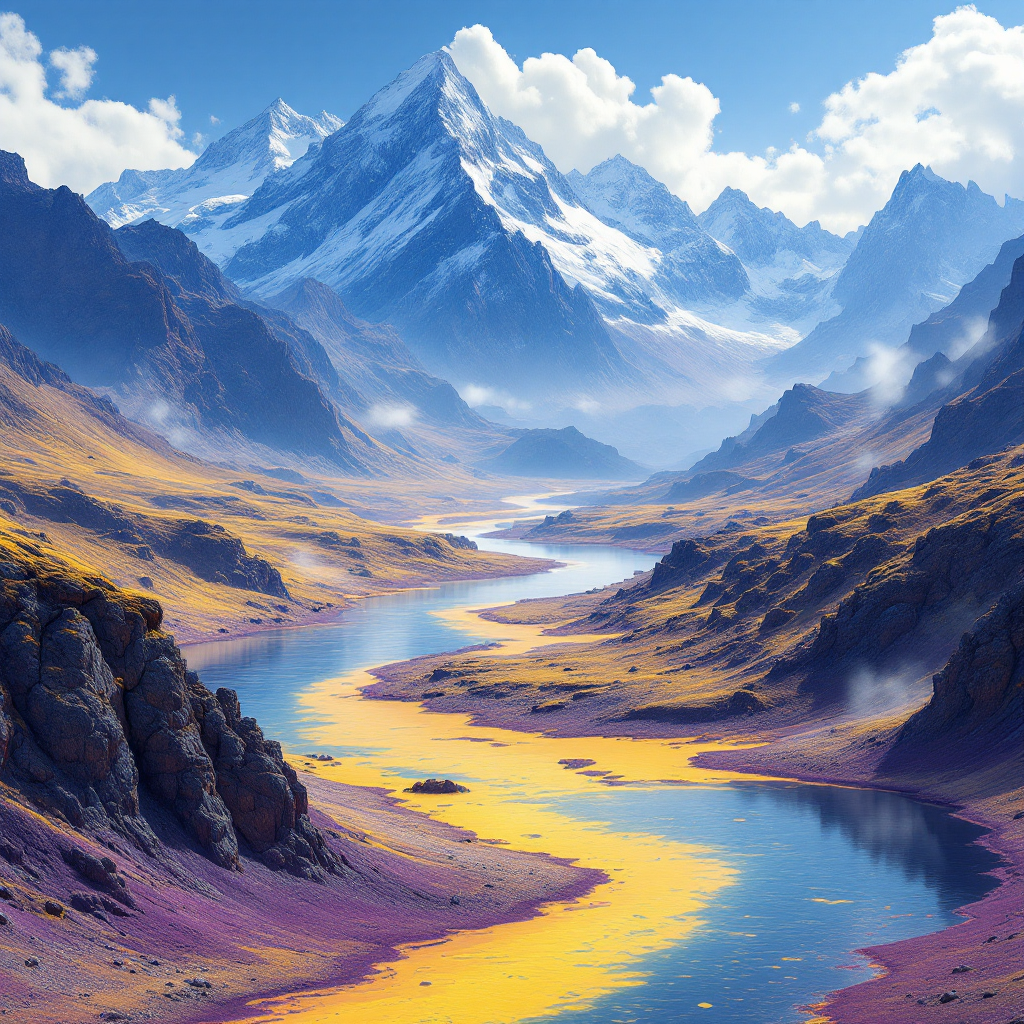 A breathtaking landscape featuring majestic mountains overlooking a winding river, embodying the quote's theme of detached observation and natural change. Vivid colors enhance the serene scene.