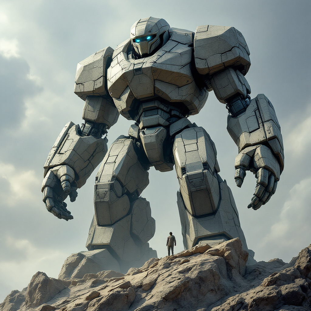 A towering robotic figure with a metallic exterior stands on rocky terrain, emitting a commanding presence, while a small human figure gazes up in awe beneath a dramatic sky.