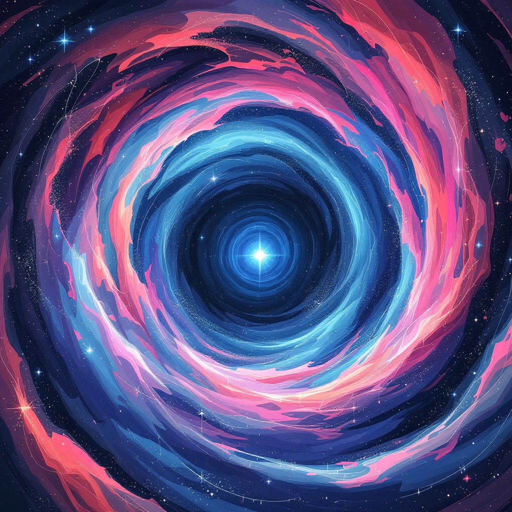 A swirling vortex of vibrant colors, blending pinks, blues, and purples, emanates a bright star at its center, embodying the chaos and beauty of the universe.