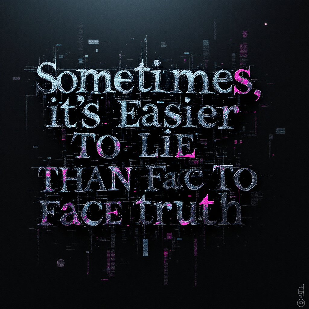 A stylized text image featuring the quote: Sometimes, it's easier TO LIE THAN Face TO Face truth, against a dark, abstract background with hints of vibrant pink.