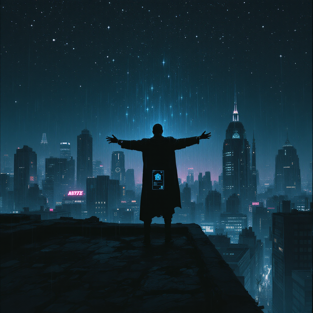 A silhouetted figure stands on a rooftop, arms outstretched toward a starry sky above a glowing cityscape, embodying the message that hope is always within reach.