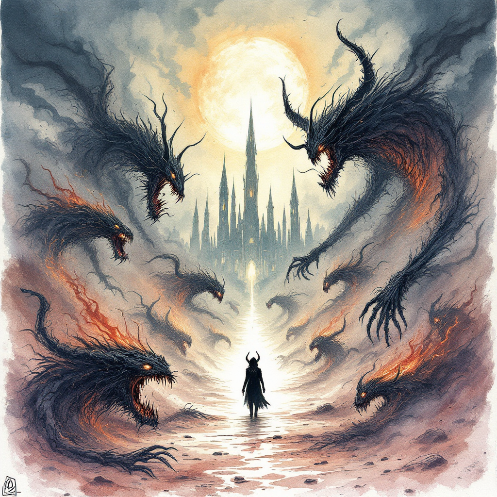 A figure stands in a desolate landscape, facing looming, shadowy demons with fiery mouths, against a backdrop of a dark castle and a glowing sun, embodying internal and external struggles.