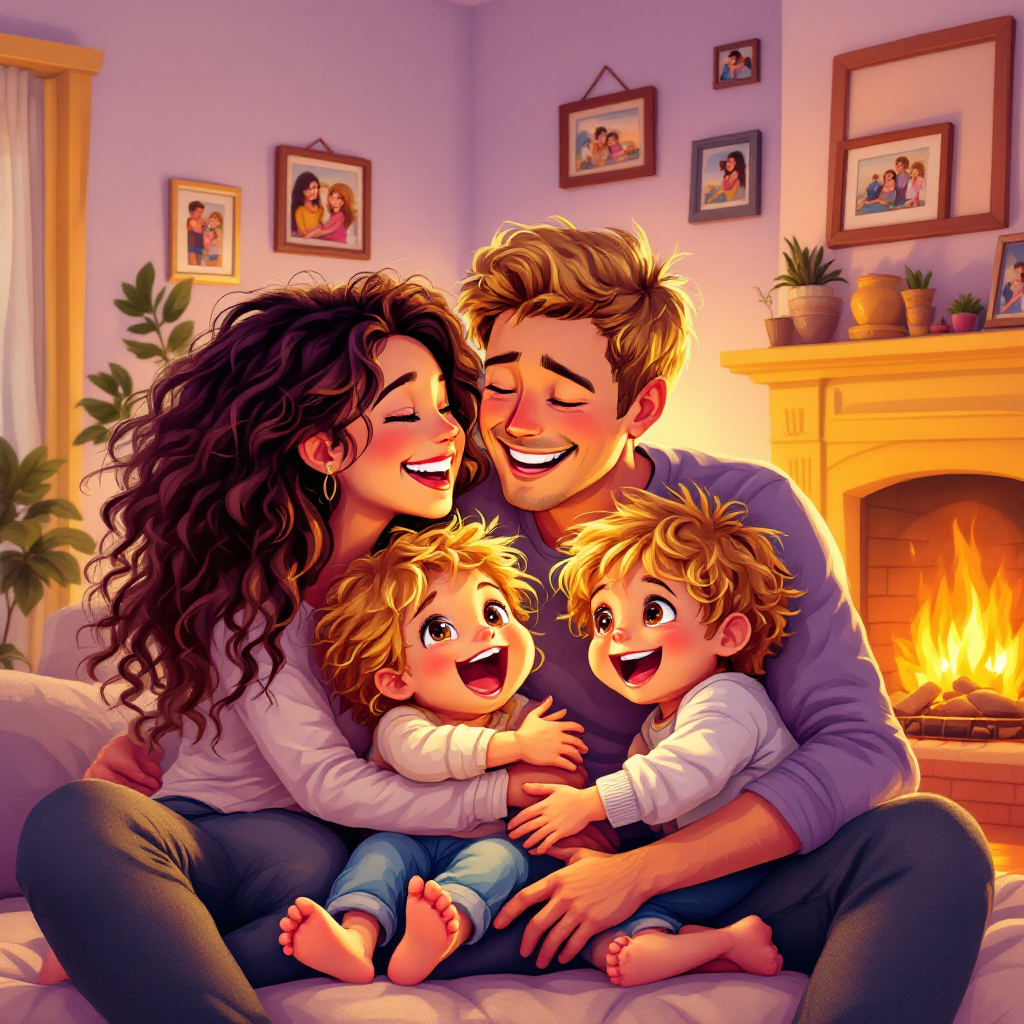 A joyful family sits together on a couch, surrounded by warm lighting and framed photos. Parents embrace their two laughing children, illustrating the quote, Family is not an important thing, it’s everything.