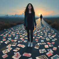 A woman stands on a deserted road scattered with photos of joyful memories, while a figure walks away in the distance, symbolizing the bittersweet end of an abusive relationship.