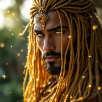 A striking figure with long, golden cornrow braids exudes charisma. His smoky topaz eyes shimmer with reflections, framed by a lean, charming face and a captivating presence.