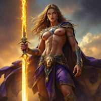 A strong, brave figure stands confidently with a glowing sword, dressed in a regal purple cloak. The backdrop features a dramatic sky, embodying strength and resilience.