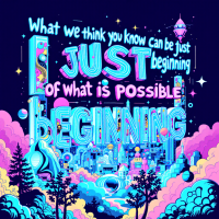 A vibrant, colorful illustration featuring the quote, What we think we know can be just the beginning of what is possible, with playful typography and whimsical landscapes.