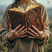 A person holds a beautifully crafted book with intricate designs, surrounded by a natural landscape, symbolizing the lasting impact of reading.