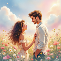 A joyful couple stands amidst a vibrant field of flowers, gazing into each other's eyes, embodying the essence of a love story that makes them feel alive.