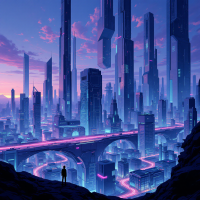 A silhouetted figure stands on a rocky overlook, gazing at a vibrant, futuristic cityscape filled with towering skyscrapers and illuminated highways under a colorful sunset sky.