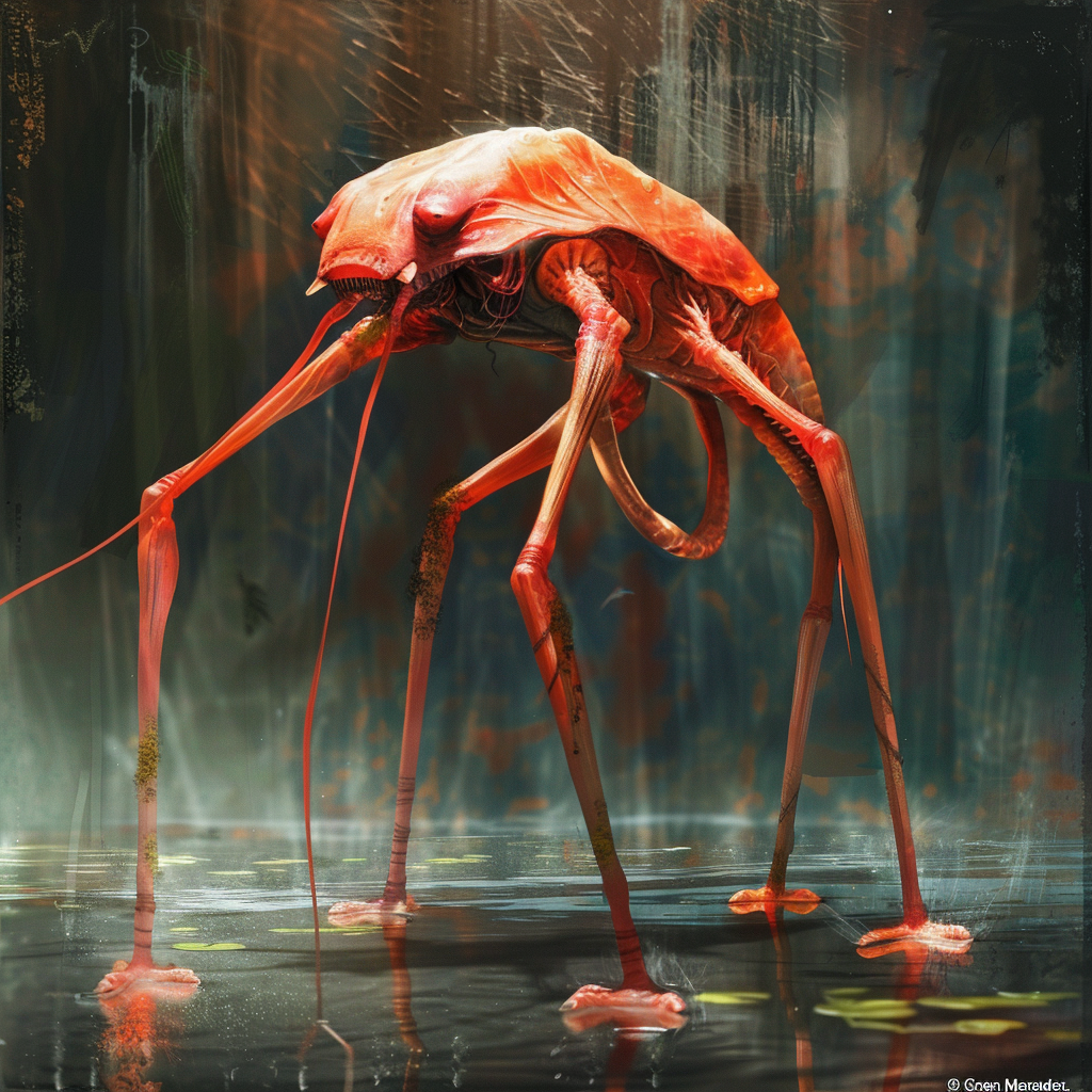 Illustration of an eleven-foot tall, salmon red, exoskeletal creature resembling a lobster, standing amidst a misty environment.