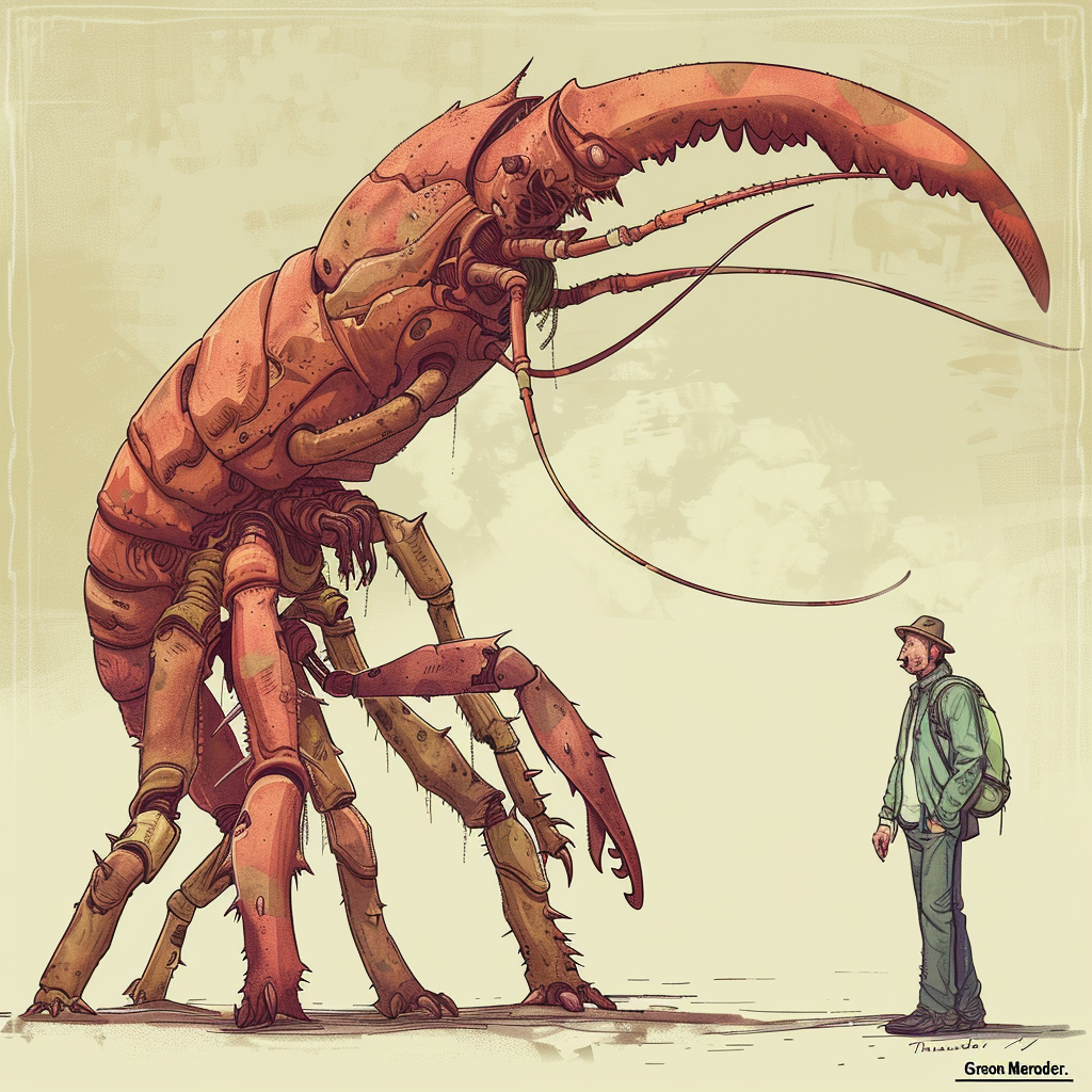 Illustration of a salmon red, exoskeletal creature resembling an enormous lobster, standing next to a human for scale. The creature towers at about eleven feet, emphasizing its formidable size and unique, intricate shell structure.