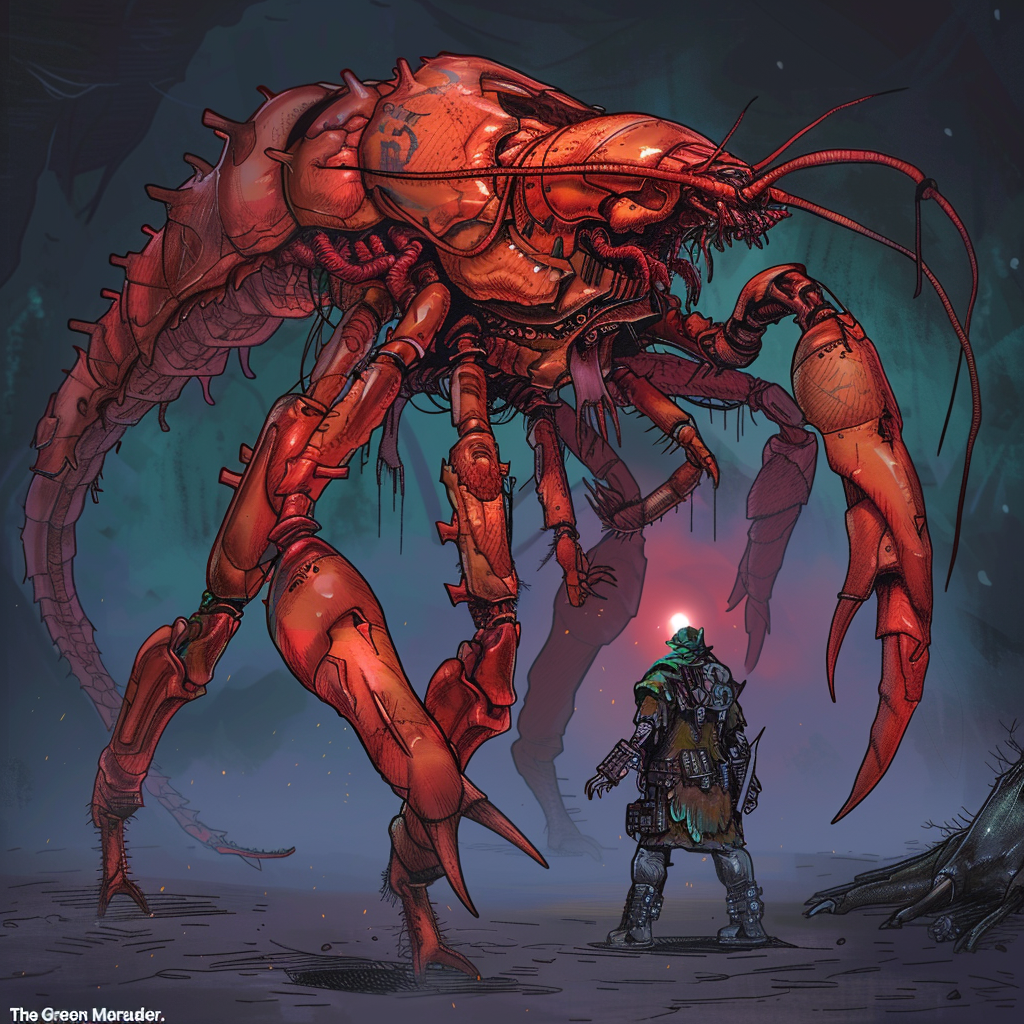 Illustration of an eleven-foot-tall, salmon red, exoskeletal creature resembling a lobster, confronting a humanoid figure in a dark, eerie landscape.