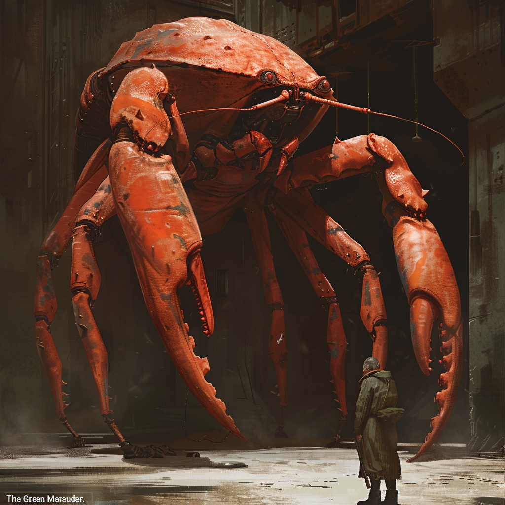 An illustration of a massive, salmon-red, exoskeletal creature resembling a lobster, standing at eleven feet tall before a human figure.