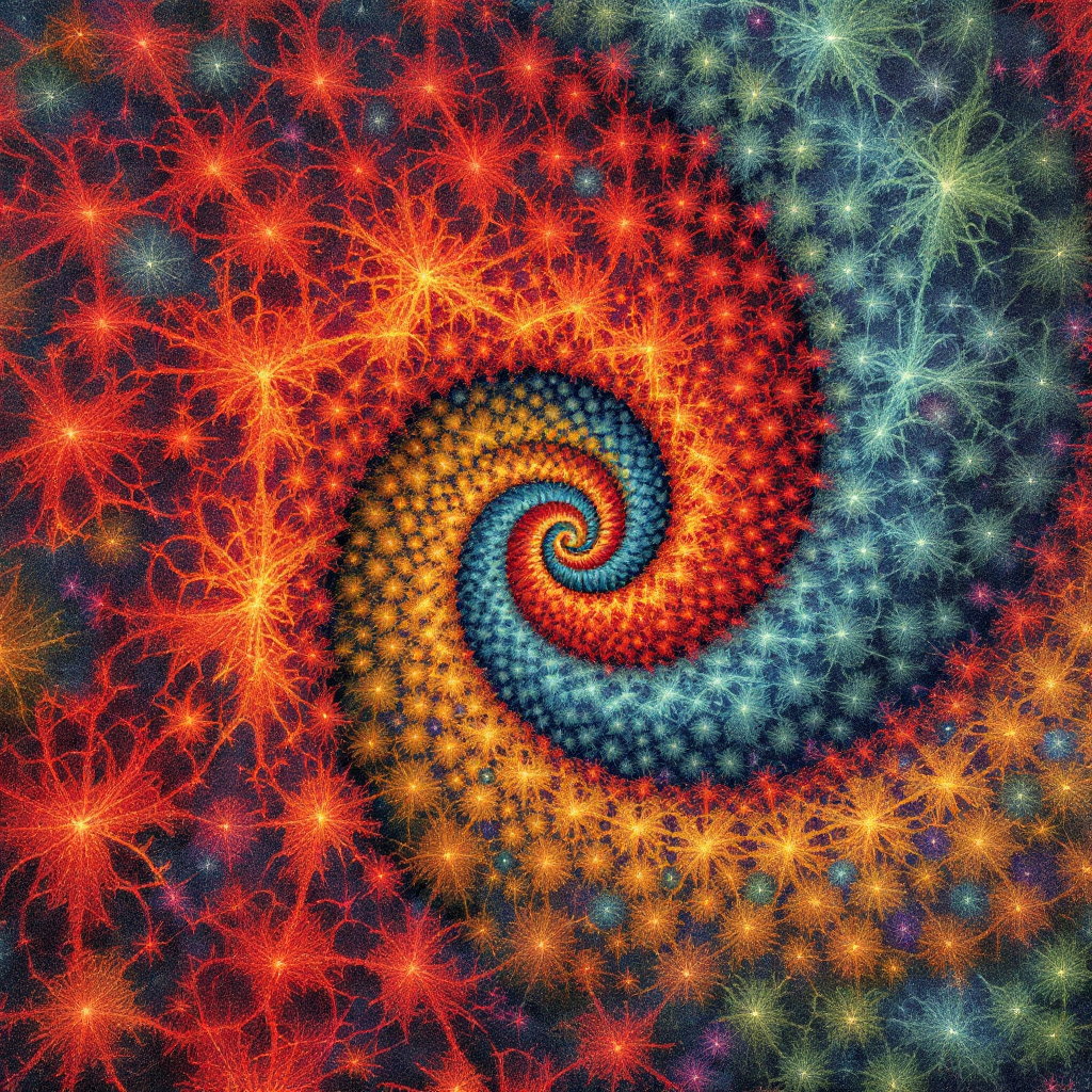 A vibrant, swirling fractal pattern featuring bright colors of red, orange, blue, and green, symbolizing the concept of confronting problems directly.