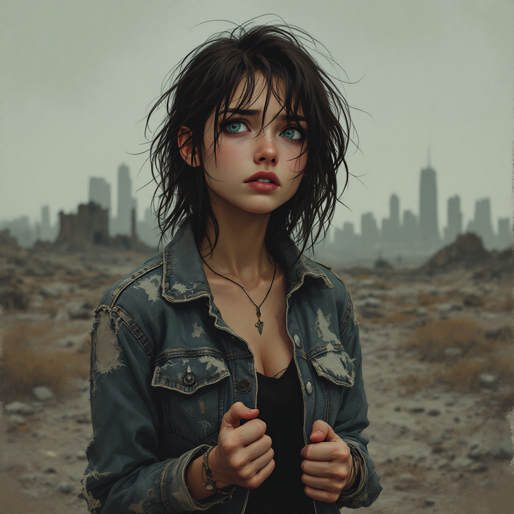 A young woman with messy dark hair stands in a desolate landscape, gazing intently into the distance, her expression reflecting resilience and longing, inspired by the quote about hope.