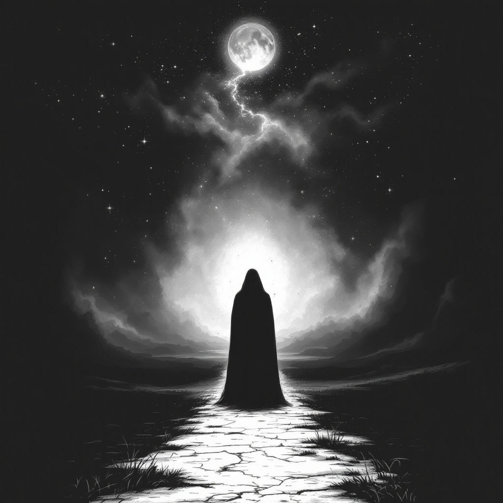 A cloaked figure stands on cracked ground under a dramatic sky, illuminated by a bright moon and swirling clouds, evoking the theme of choices and their unforeseen consequences.