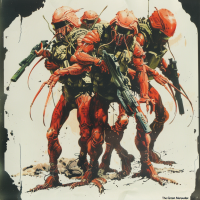 Illustration of towering, salmon-red, exoskeletal creatures resembling female lobsters, armed and marching, as described in The Green Marauder.