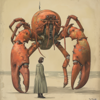 Illustration of an eleven-foot-tall, exoskeletal creature resembling a red lobster, standing next to a human for scale.