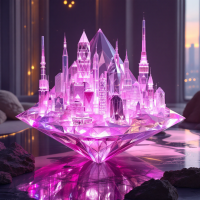 A floating, luminous city encased in a diamond-like structure, with intricate buildings and towers illuminated in vibrant pink hues, reflecting a fantastical urban landscape.