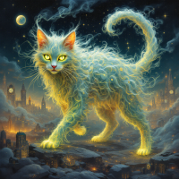 A mystical, glowing cat with wild, fluffy fur walks through a city at night, embodying the quote You become responsible, forever, for what you have tamed with its enchanting presence.